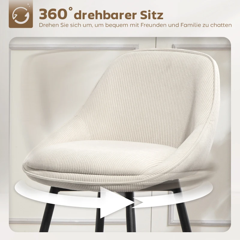 HOMCOM Set van 2 Barkrukken met Corduroy Bekleding en Stalen Poten, Comfortabele Stoelen voor Keukeneiland, Eetkamer, Crème