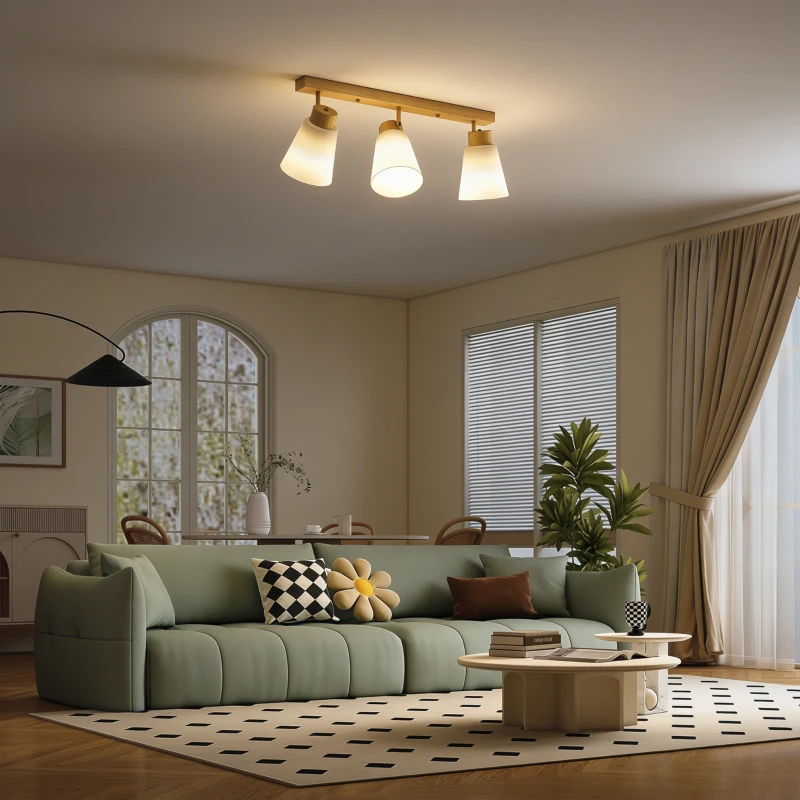 HOMCOM Lampadario da Soffitto con 3 Punti Luce Regolabili a 90° e Attacchi E27, Colore Legno