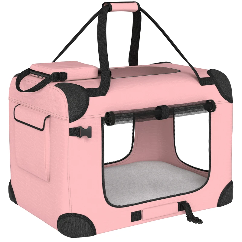 PawHut Transporteur pliable pour chiens 60x41,5x41 cm avec fenêtres en maille, coussin doux et 2 poignées pour mini chiens et chats rose