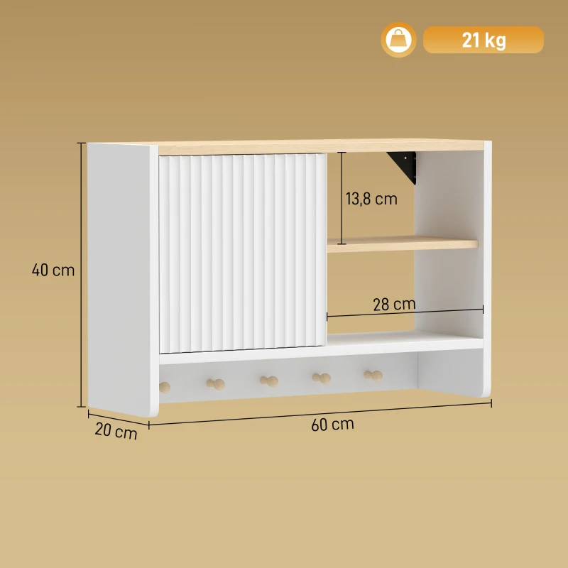 HOMCOM Armario mural de baño, mueble de almacenamiento para baño con puerta, estantes abiertos y 5 ganchos