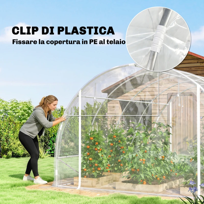 Outsunny Serre tunnel 3x4x2 m avec portes enroulables, châssis en acier et couverture en PE anti-UV, transparent