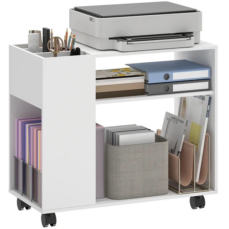 HOMCOM Support pour imprimante Table pour imprimante avec compartiment divisé, surfaces de rangement pour bureau 70 x 34 x 60 cm Blanc