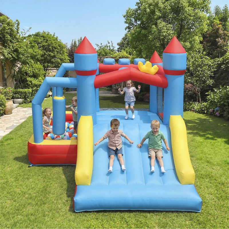 AIYAPLAY Aufblasbares Schloss 5-in-1 mit Gebläse, Wasserspaß, Rutschen, Trampolin, mehrfarbig