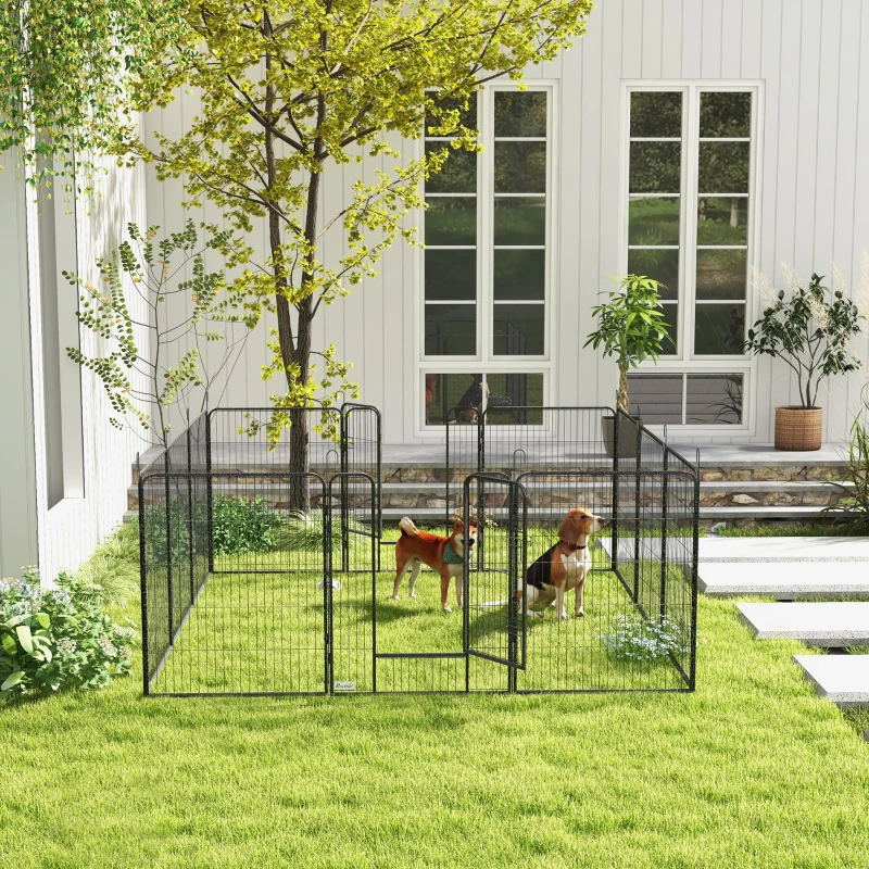 PawHut Parc pour chiots 12 pièces enclos pliable avec 2 portes 12 panneaux en acier 80x100 cm chacun Gris