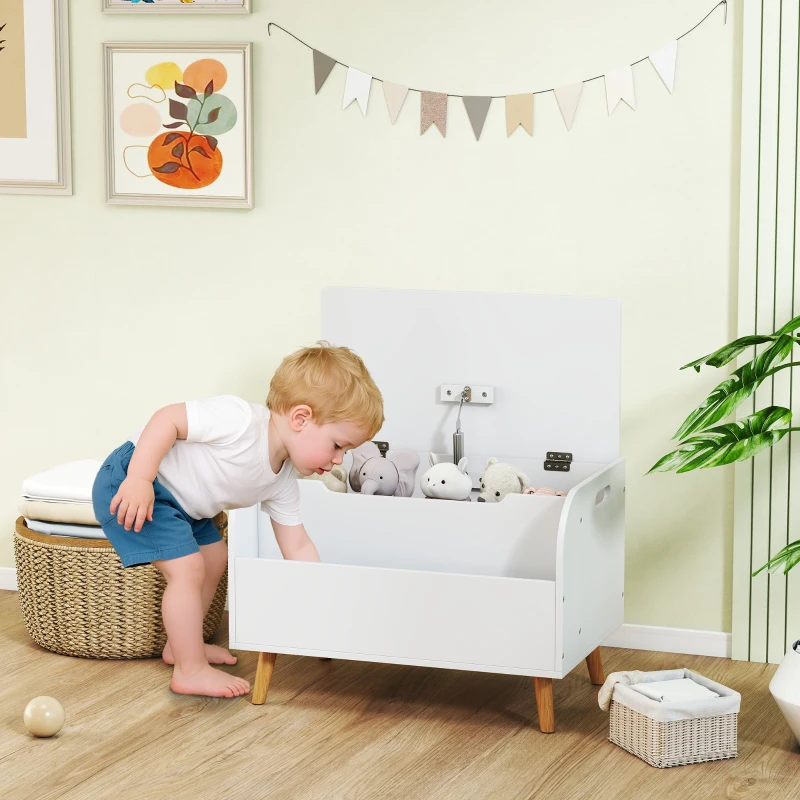 AIYAPLAY Cassapanca porta giocattoli per bambini con coperchio ribaltabile e scomparto aperto, 60x40x43 cm, bianco