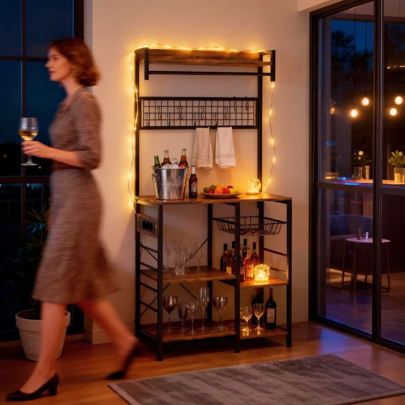 HOMCOM Étagère de cuisine avec trois prises et éclairage LED industrielle avec étagères pour micro-ondes 80x42x162 cm marron rustique