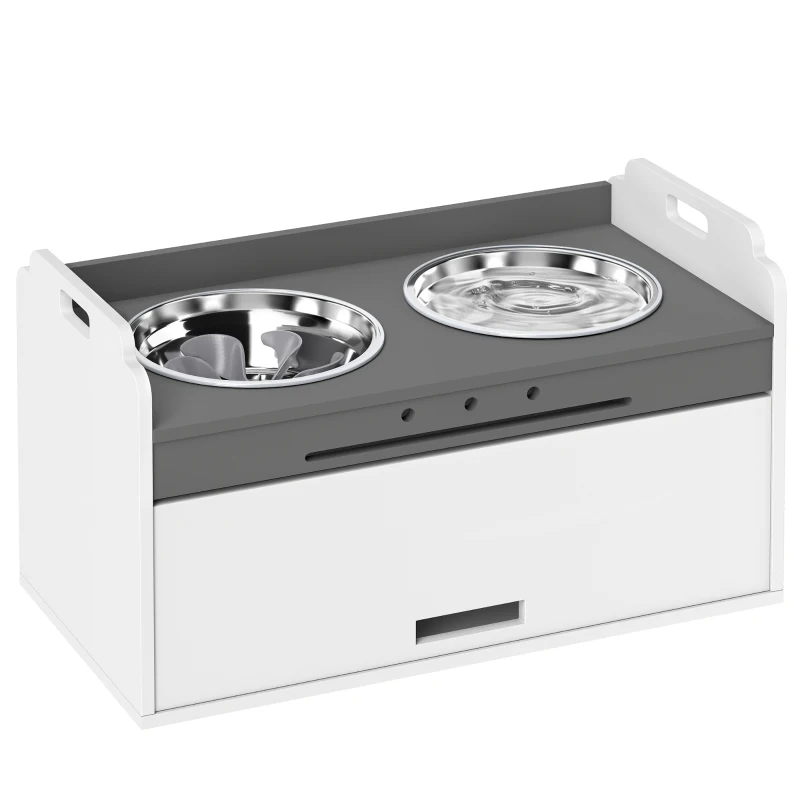 PawHut Gamelle surélevée avec armoire de rangement, 2 bols avec anneaux antidérapants, 60 x 30 x 35,5 cm, Blanc