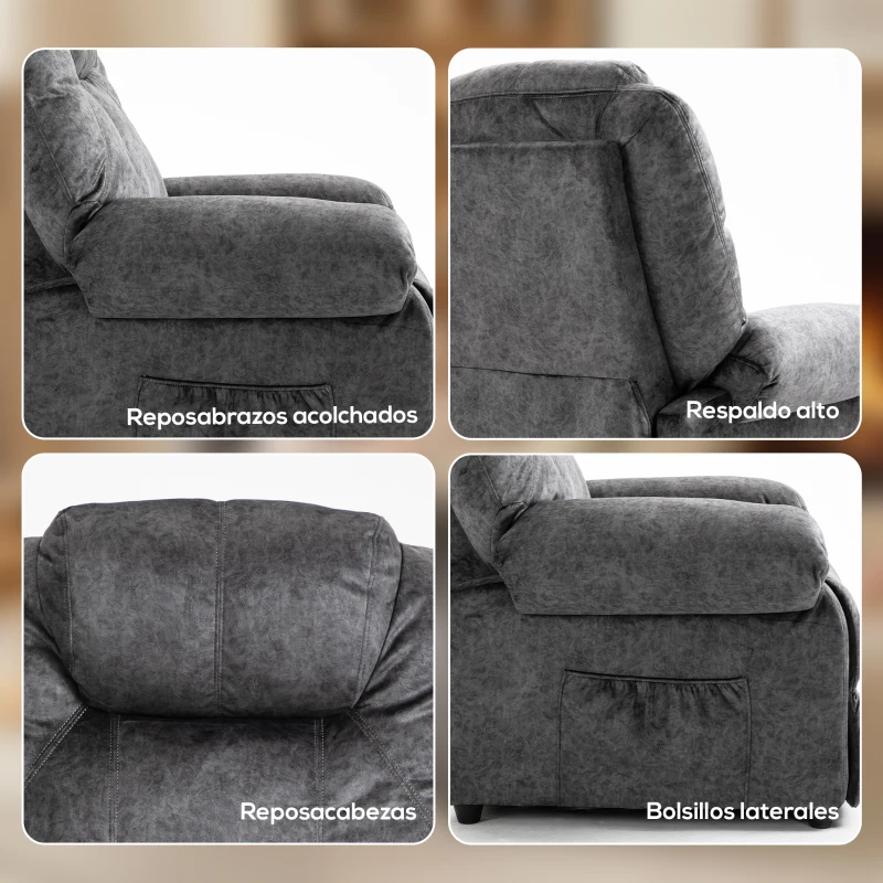 HOMCOM Sillón Relax Reclinable Manual Sillón Relax de Terciopelo con Reposabrazos Reposapiés Acolchado Grueso Negro