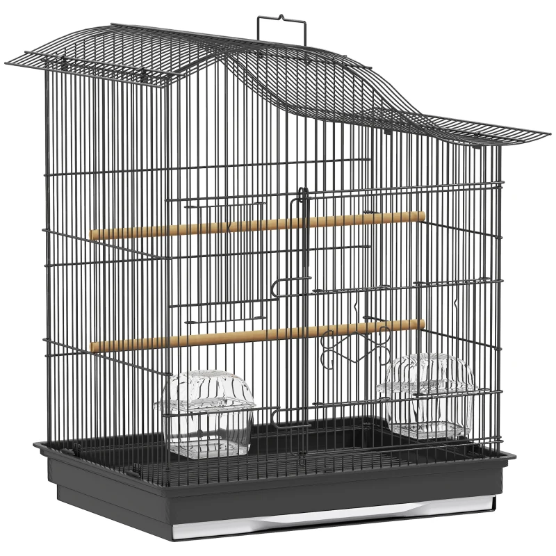 PawHut Cage pour oiseaux à 4 portes avec 2 gamelles, 2 perchoirs et bac, en métal et plastique, 47.5x36x54.5 cm, Noir