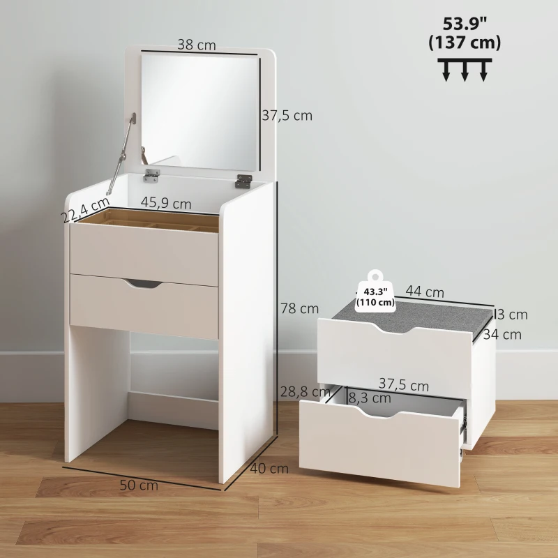 HOMCOM Table de maquillage 3 en 1 avec miroir, compartiment, 2 tiroirs et tabouret, en bois, 50x40x78 cm, Blanc