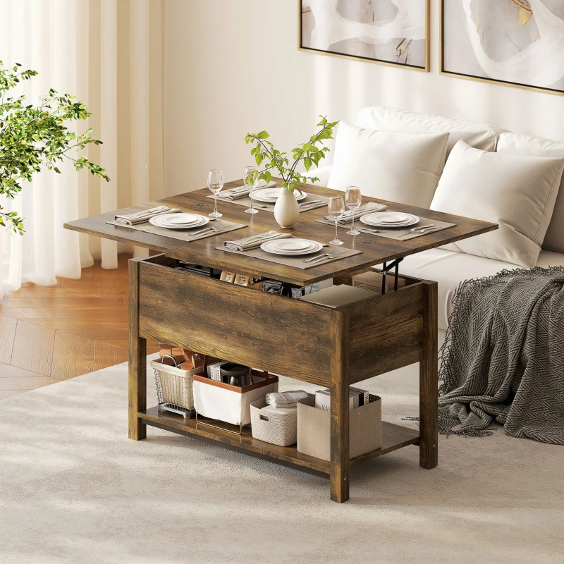 HOMCOM Tavolo da salotto sollevabile ed estensibile con scomparto nascosto e ripiano aperto, 100x45x50,5 cm, marrone rustico