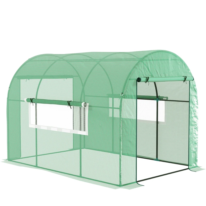 Outsunny Serre Tunnel pour Potager 3x2x2 m en Acier et PE Anti-UV avec Portes Enroulables et Fenêtres, Vert