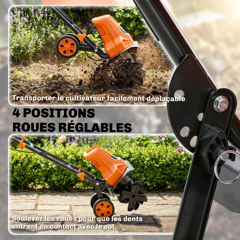 Outsunny Motobineuse électrique 1500W avec poignée pliable, largeur de travail 40 cm, profondeur de labour 9 cm, 6 lames, orange