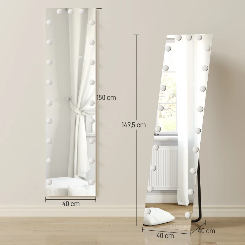 HOMCOM Miroir pleine longueur 150x40 cm RGB-LED sur pied avec 21 ampoules 7 couleurs Interrupteur tactile Fonction mémoire