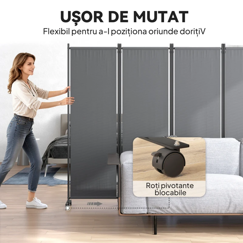 Outsunny Paravan de Exterior și Interior cu 4 Panouri Pliabil cu Roți, 224x30x172cm, Gri Închis
