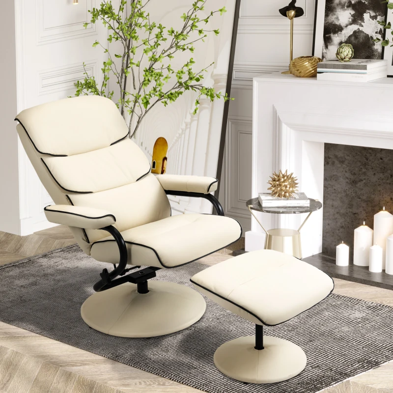 HOMCOM Poltrona relax girevole 360° con poggiapiedi e seduta imbottita, Crema