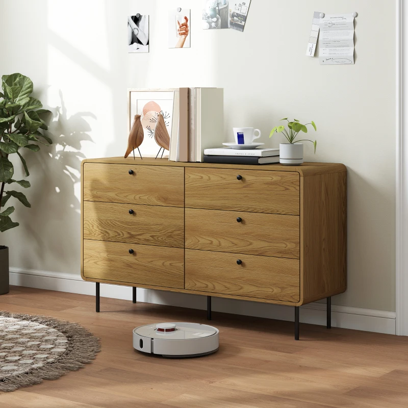 HOMCOM Cassettiera con 6 Cassetti, Mobile Contenitore Stile Moderno con Angoli Arrotondati e Gambe in Acciaio, 120x40x75 cm, Effetto Legno di Rovere