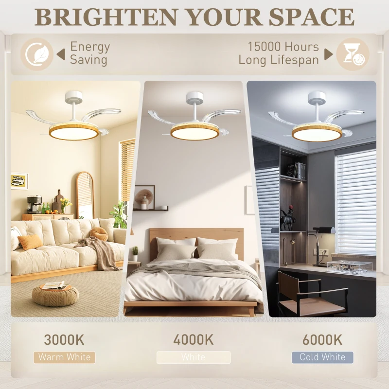 HOMCOM Plafondventilator met licht en afstandsbediening, 95 cm moderne LED-plafondventilator met intrekbare bladen, naturel