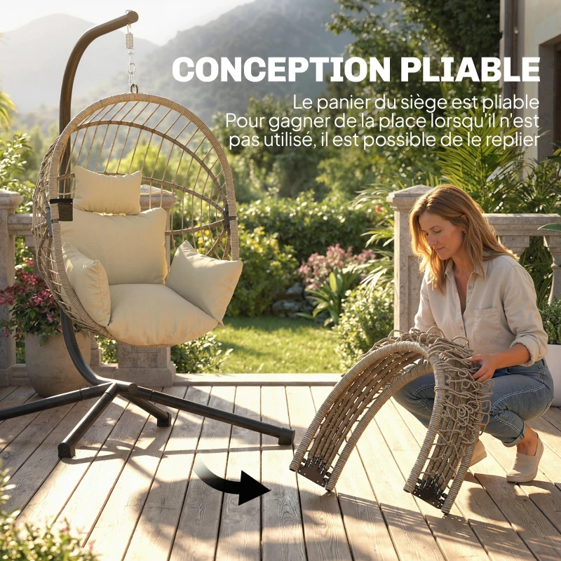 Outsunny Fauteuil Œuf Suspendu, Chaise Hamac Balançoire Intérieur et Extérieur, Panier Pliable, Coussin Rembourré, Kaki