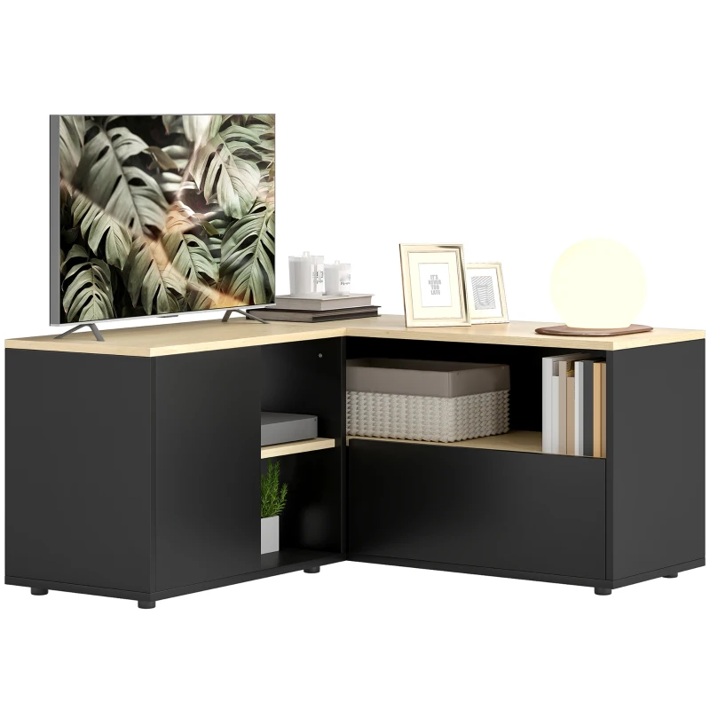 HOMCOM Mobile TV angolare con 2 armadietti e 3 nicchie, 90x90x45 cm, Rovere e Nero