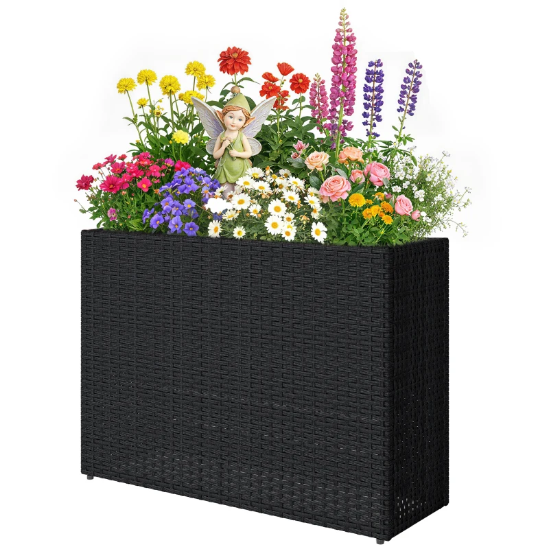 Outsunny Erhöhter Pflanzkasten aus geflochtenem PE-Rattan, Blumenständer mit abnehmbarem Einsatz und verstellbaren Füßen, Stahlrahmen, schwarz