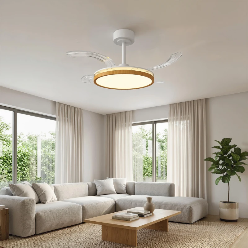 HOMCOM Ventilatore da soffitto con luce LED e telecomando, pale retrattili, 95 cm, Legno naturale