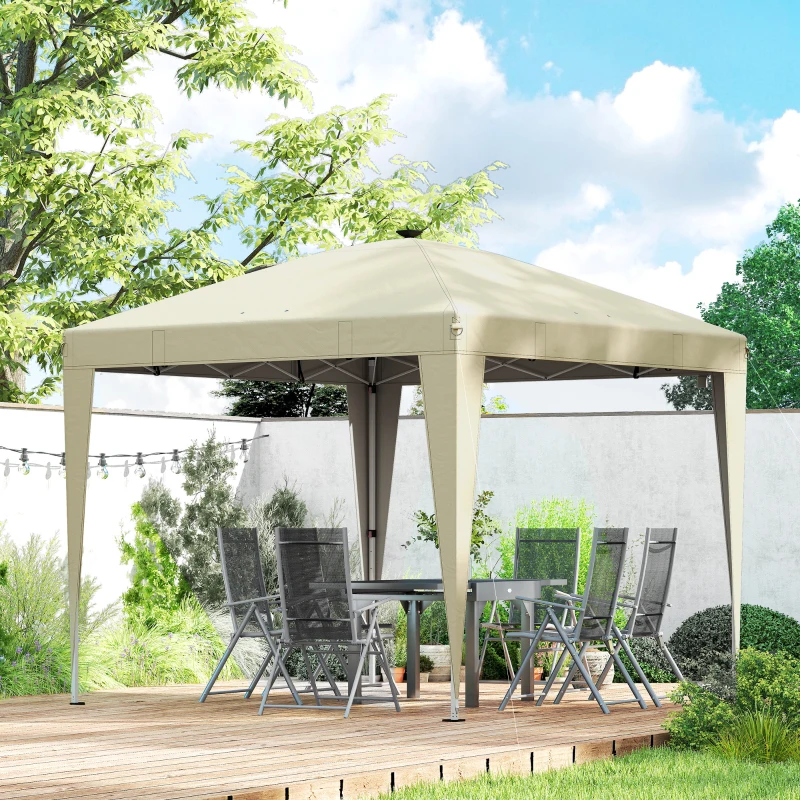 Outsunny Gartenpavillon 3 x 3 m mit Beleuchtung Pop-up Faltzelt höhenverstellbar Fernbedienung Transporttasche Creme