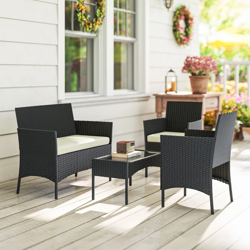 Outsunny Gartenmöbel-Set aus Synthetik-Rattan mit Sofa, Sesseln, gehärtetem Glastisch und Kissen, Schwarz und Creme