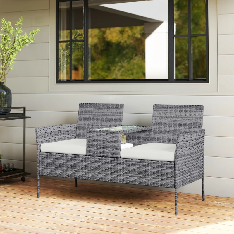 Outsunny Gartenbank aus geflochtenem Resin 2 Plätze mit Tisch und Kissen - 135 x 64 x 81 cm - für Balkon und Terrasse schwarz