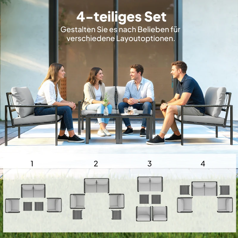 Outsunny Gartenmöbel Set 4 Personen wetterfest Balkonmöbel-Set mit 2er Sofa, Sessel Sitzkissen Beistelltisch Hellgrau