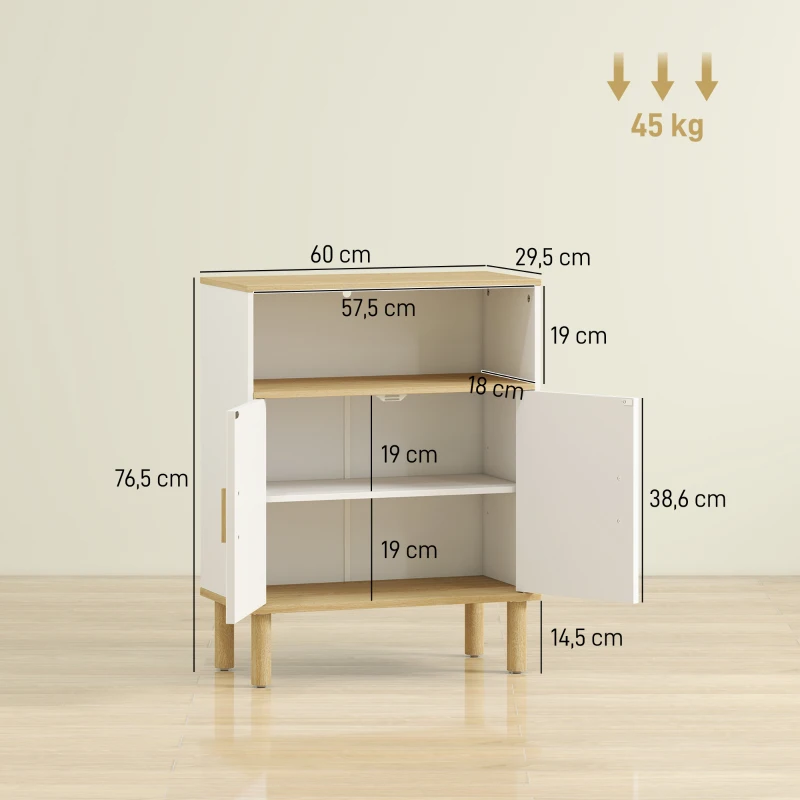 HOMCOM Móvel de casa de banho, móvel de arrumação com 2 portas, compartimento aberto, prateleira ajustável, 60x29,5x76,5cm, branco