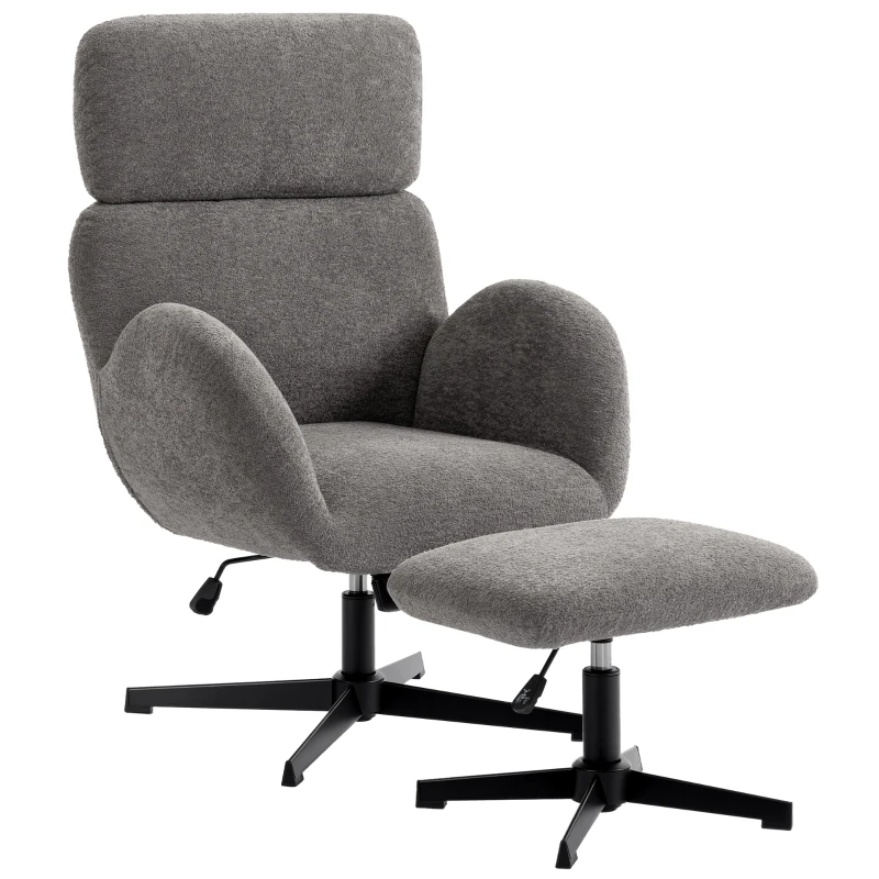 HOMCOM Draaibare Fauteuil met Voetenbank, Hoogte Verstelbare Accentstoel met Verstelbare Hoofdsteun, Schommelfunctie, Grijs