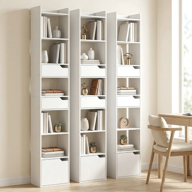 HOMCOM Bücherregal mit 2 Schubladen und Tür Librería Estrecha con 6 Estantes Abiertos 32x24x181,5 cm Blanco