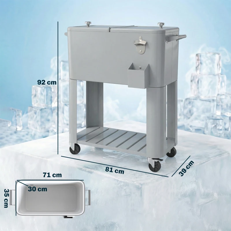 Outsunny Tragbare Kühlbox 76L mit Rollen, Ablage und Flaschenöffner, aus Kunststoff, Metall und Stahl, 92x39x81 cm, Silber