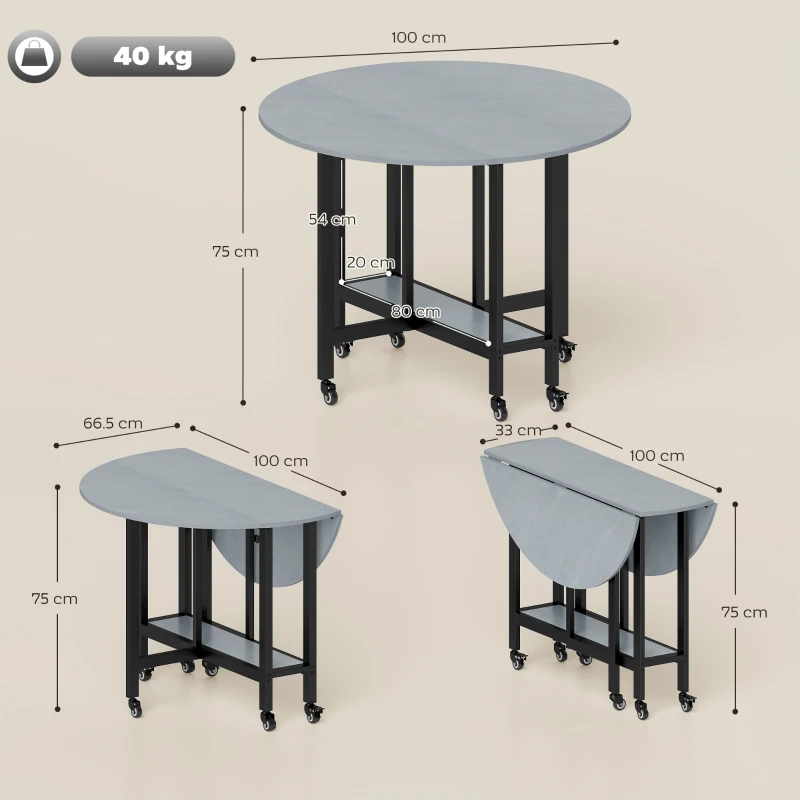 HOMCOM Masă de Dining Pliantă cu Roți și Raft Deschis Masă de Bucătărie pentru Spații Mici Gri Ciment