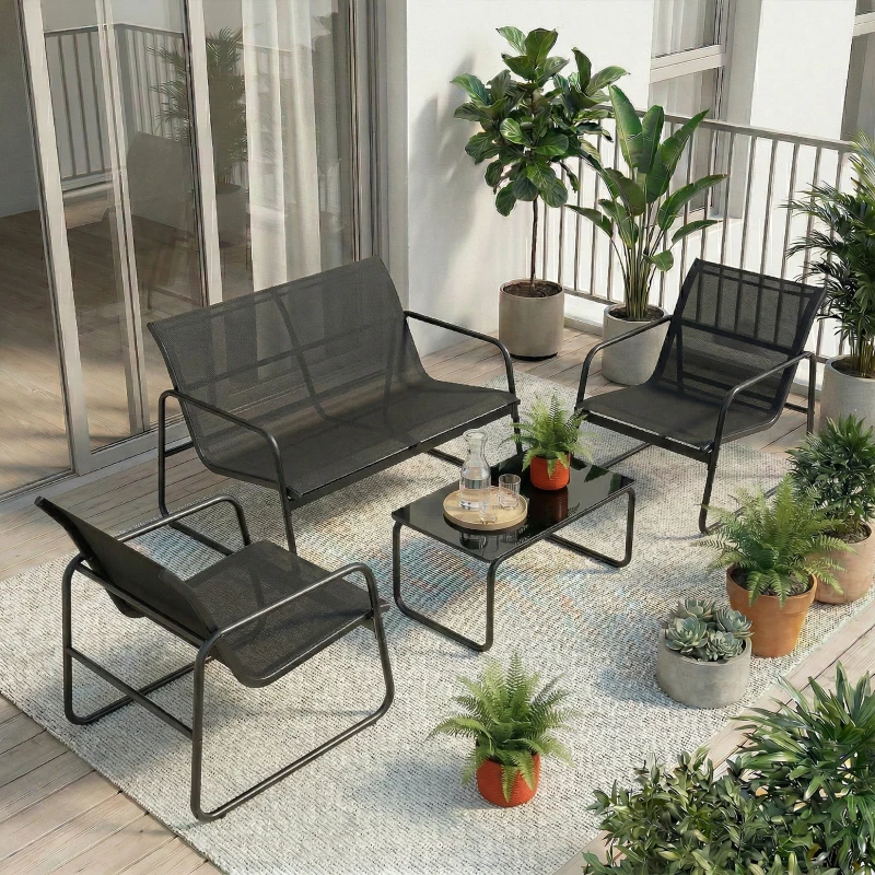 Outsunny 4‑teiliges Gartenmöbel-Set mit 2‑Sitzer-Sofa, 2 Sesseln, Tisch mit gehärtetem Glas, Textilene, Dunkelgrau