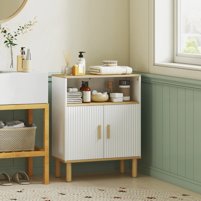 HOMCOM Badezimmerschrank, Aufbewahrungsmöbel mit 2 Türen, offenes Fach, verstellbares Regal, 60x29,5x76,5cm, weiß