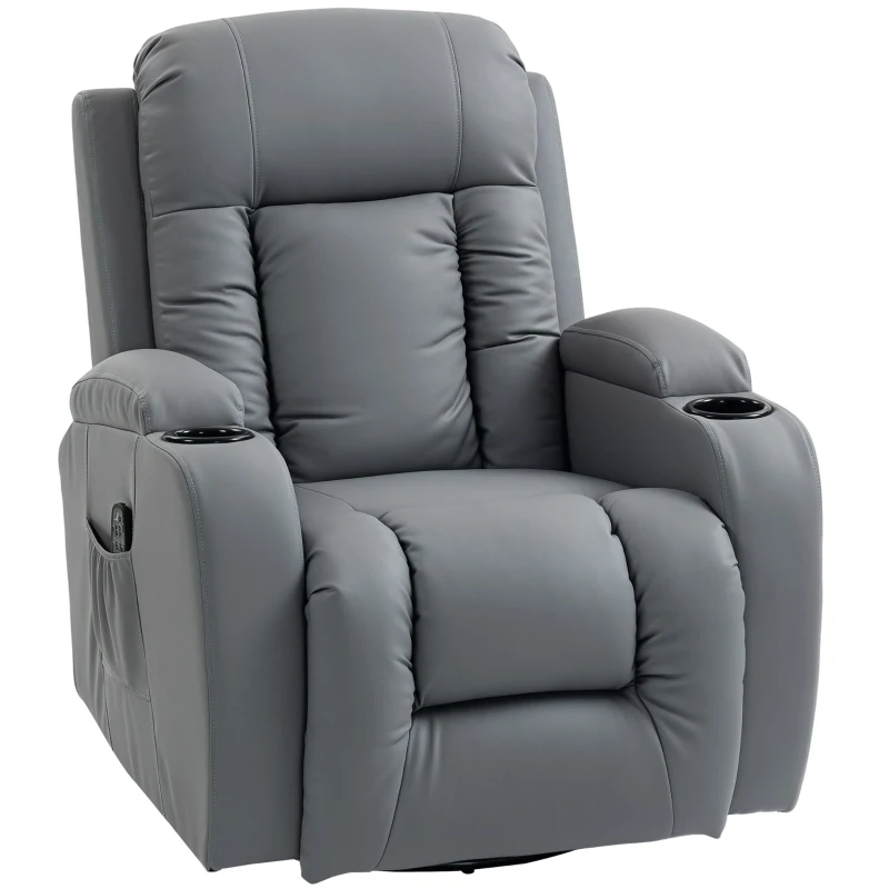 HOMCOM Fauteuil massant avec fonction bascule, allonge et chauffage, 3 modes, pivotant, Gris clair