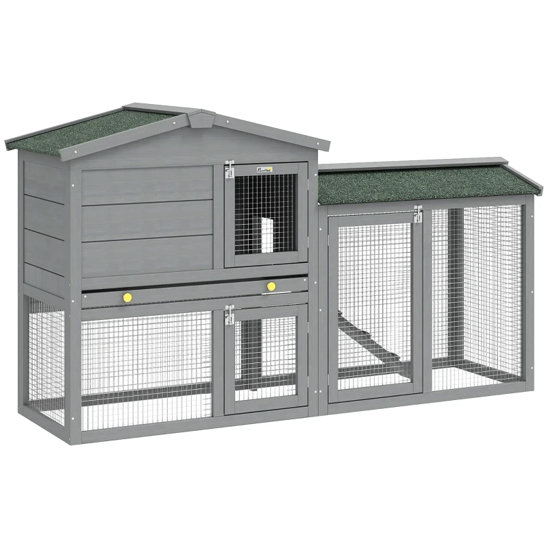 PawHut Clapier en bois 2 niveaux avec toit en asphalte plateau amovible et échelle pour extérieur 150x45x85 cm gris