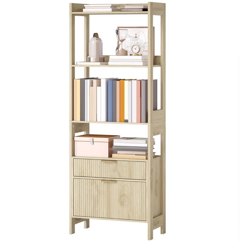 HOMCOM Libreria alta con 4 ripiani aperti e 2 cassetti scanalati, mobile contenitore, 60x30x160 cm, legno naturale