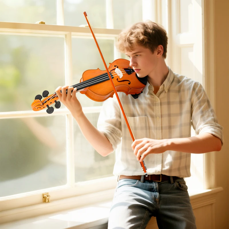 HOMCOM Set di Violino in Legno Massello per Adulti e Principianti con Custodia Leggera e Portatile, 60x21 cm, Marrone
