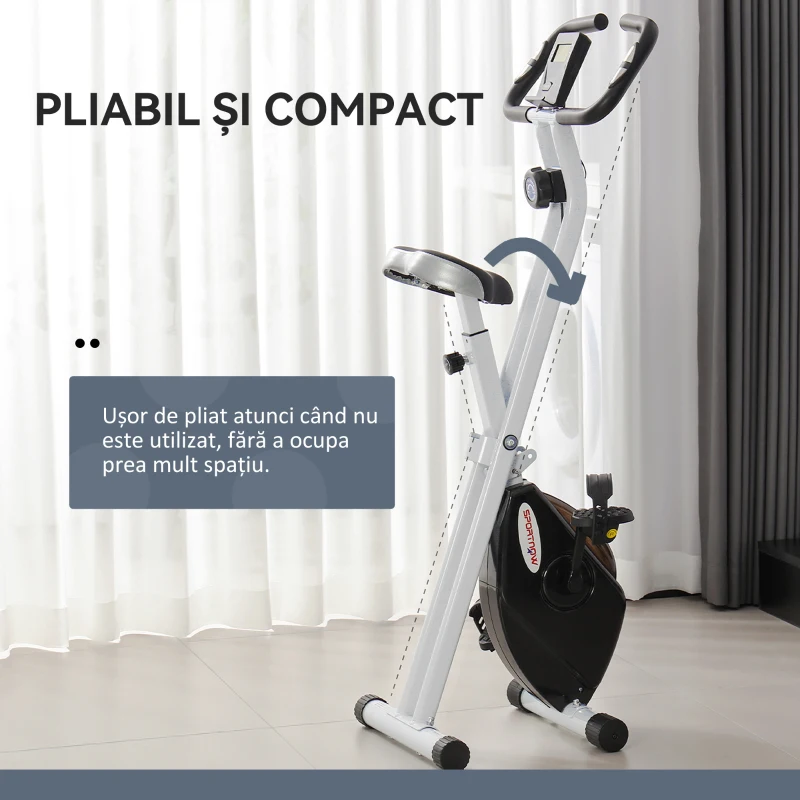 SPORTNOW Bicicletă fitness pliabilă magnetică, 8 niveluri, afișaj LCD, roți și șa reglabilă, negru(m-8)