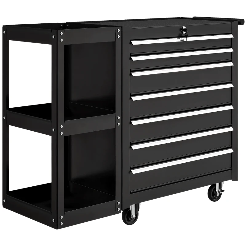 HOMCOM Chariot d'atelier chariot d'outils avec 7 tiroirs étagère latérale amovible 4 roulettes avec frein, 96x33,5x75cm, Noir