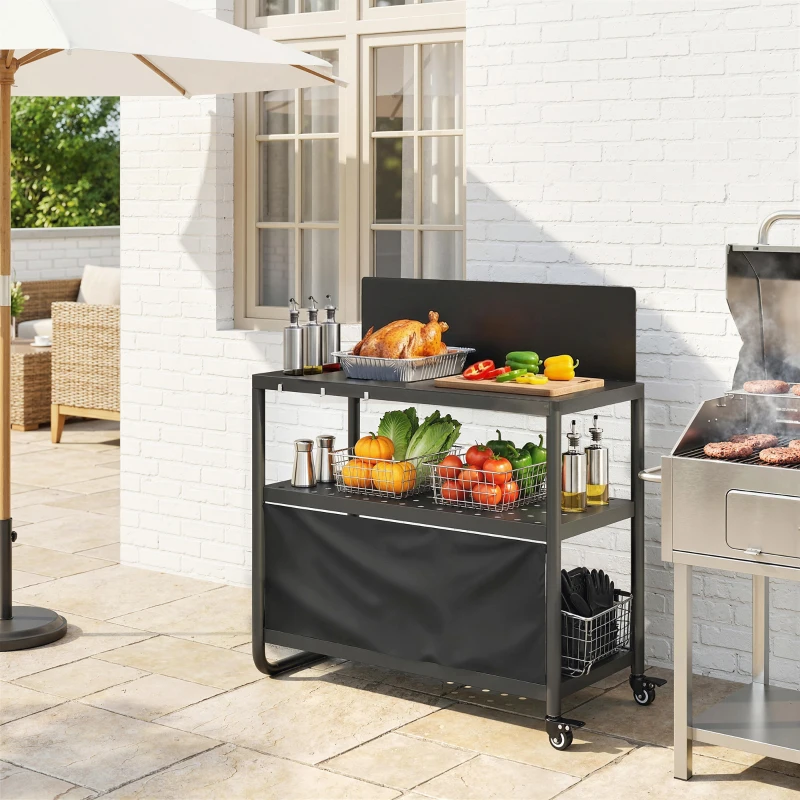 Outsunny Grillwagen Mobiler Garten-Servierwagen mit Windschutz 3 Ebenen Oxford-Vorhang 100x46x110cm Schwarz