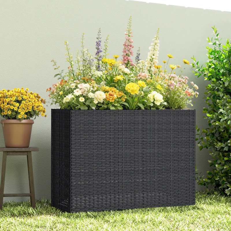 Outsunny Erhöhter Pflanzkasten aus geflochtenem PE-Rattan, Blumenständer mit abnehmbarem Einsatz und verstellbaren Füßen, Stahlrahmen, schwarz