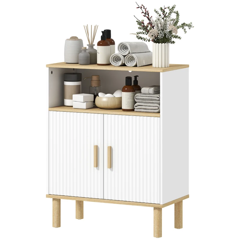 HOMCOM Badezimmerschrank, Aufbewahrungsmöbel mit 2 Türen, offenes Fach, verstellbares Regal, 60x29,5x76,5cm, weiß