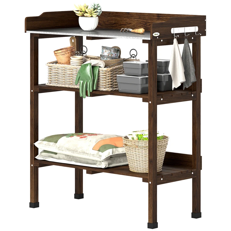 Outsunny Table de jardinage en bois avec plateau métallique, étagères et crochets pour jardin terrasse 76x37x89 cm carbonisé