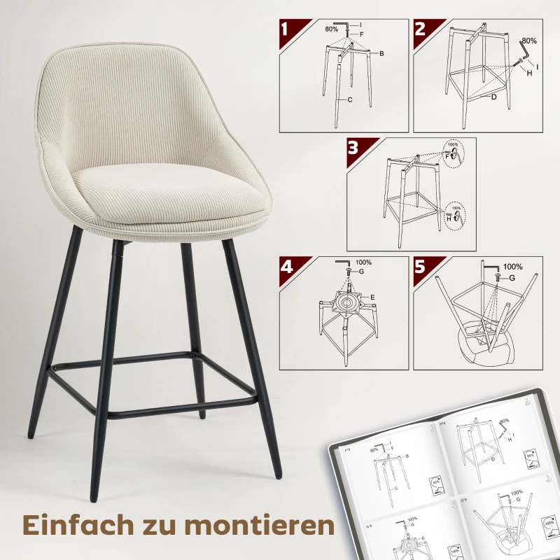 HOMCOM Set van 2 Barkrukken met Corduroy Bekleding en Stalen Poten, Comfortabele Stoelen voor Keukeneiland, Eetkamer, Crème