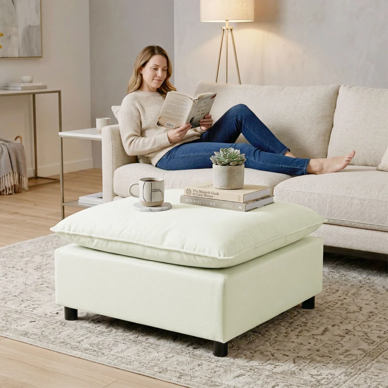 HOMCOM Reposapiés otomano de tela moderno con patas de plástico para salón y dormitorio, 75 cm, crema