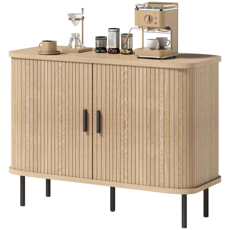 HOMCOM Sideboard, Aufbewahrungsmöbel mit 2 lamellen-Schiebetüren und 4 Fächern, Eiche